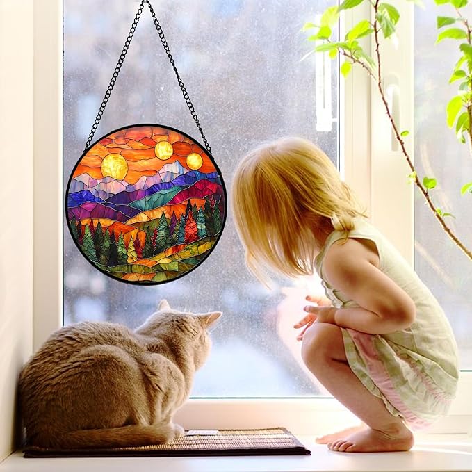 DASTOLL Stained Glass Window Hanging, Sunset Abstract Sun Catchers Colorful Glass Panel Landscape Suncatcher Decor for Birthday for Women, Men, Wife, Aunt, and Mom 9.8 in