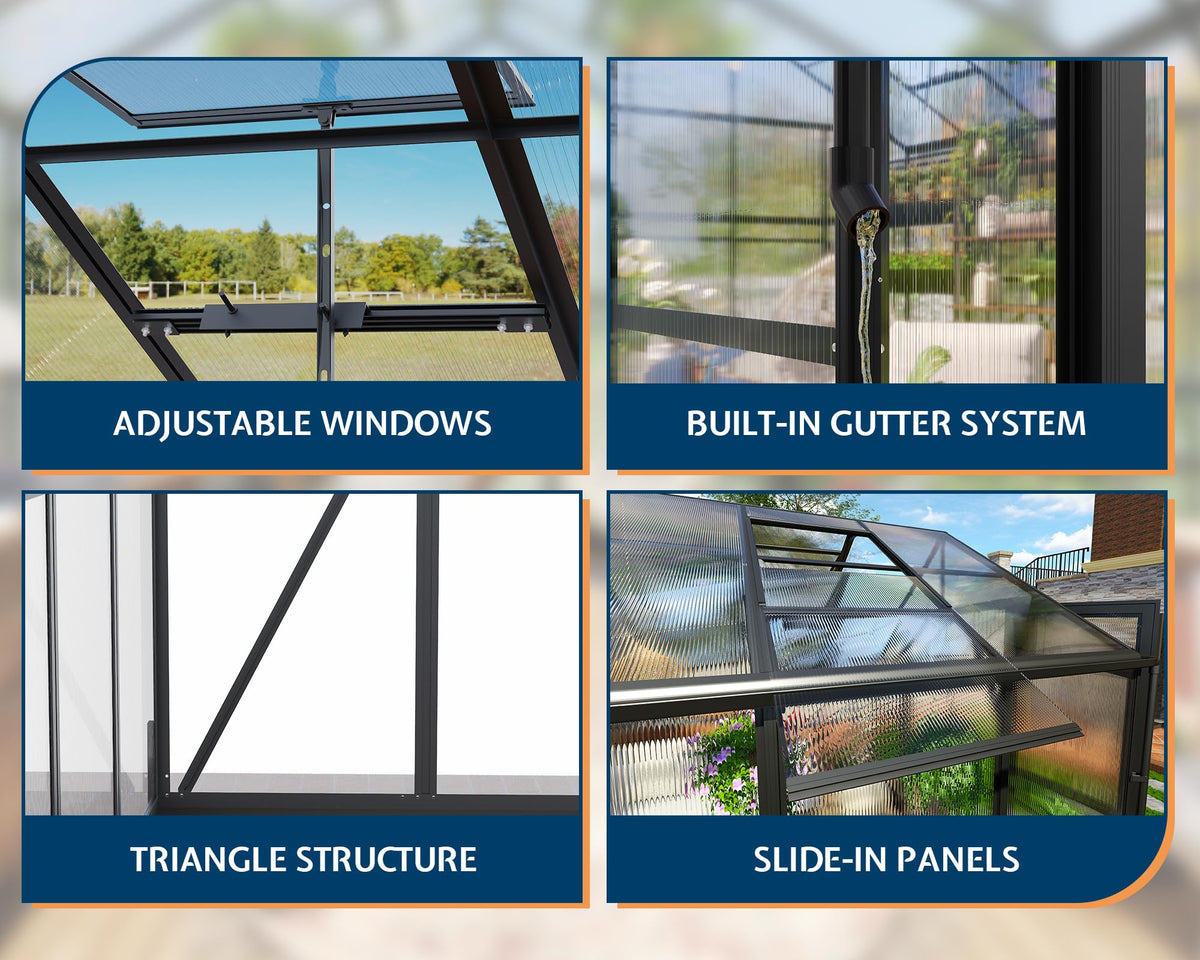 HOWE 10x14x8.4 FT Polycarbonate Greenhouse with 4 Vent Windows