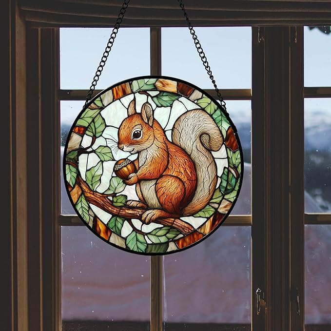 Stained Glass Window Hanging, Squirrel on a Branch Suncatcher Diamond Glass Panel Animal Sun Catchers Decor for Birthday for Women, Men, Wife, Aunt, and Mom 14.9x14.9 in