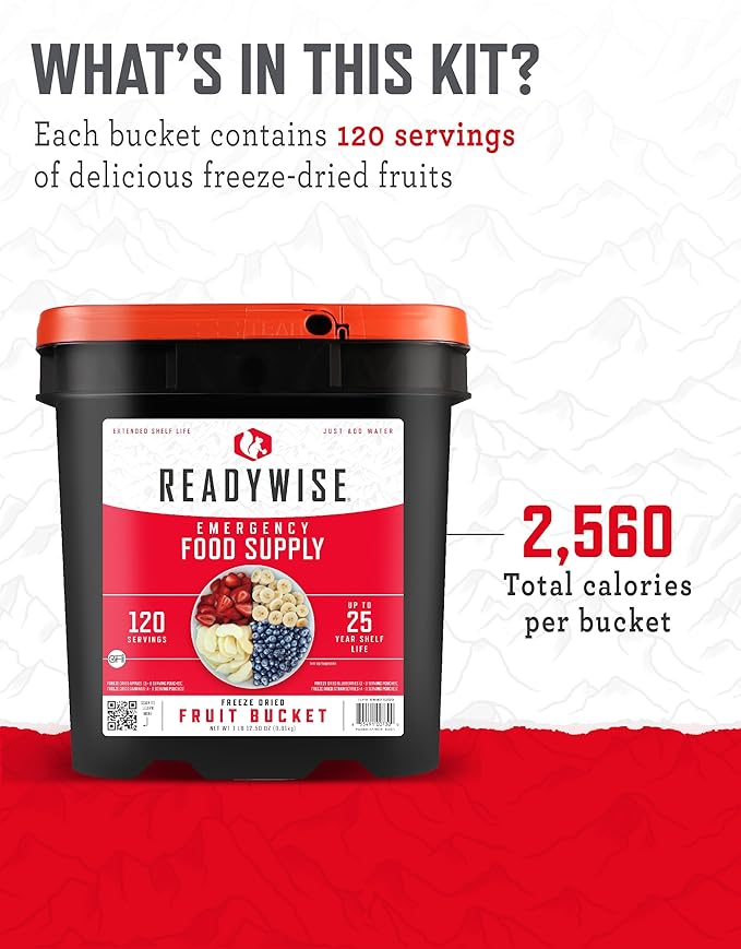 ReadyWise Emergency Food Supply - 120 Servings Fruit Bucket, Nutritious Meals, Dehydrated & Freeze Dried Food for Backpacking, Camping Essentials & Disaster Prepping Supplies, up to 25 Year Shelf Life