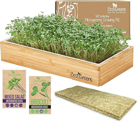 Self-Watering Microgreens Growing Kit – Easiest Way to Grow Fresh Microgreens at Home. Includes Reusable Tray, Organic Seeds, Grow Mats & Stylish Bamboo Frame – No Soil, No Mess (Salad & Broccoli)