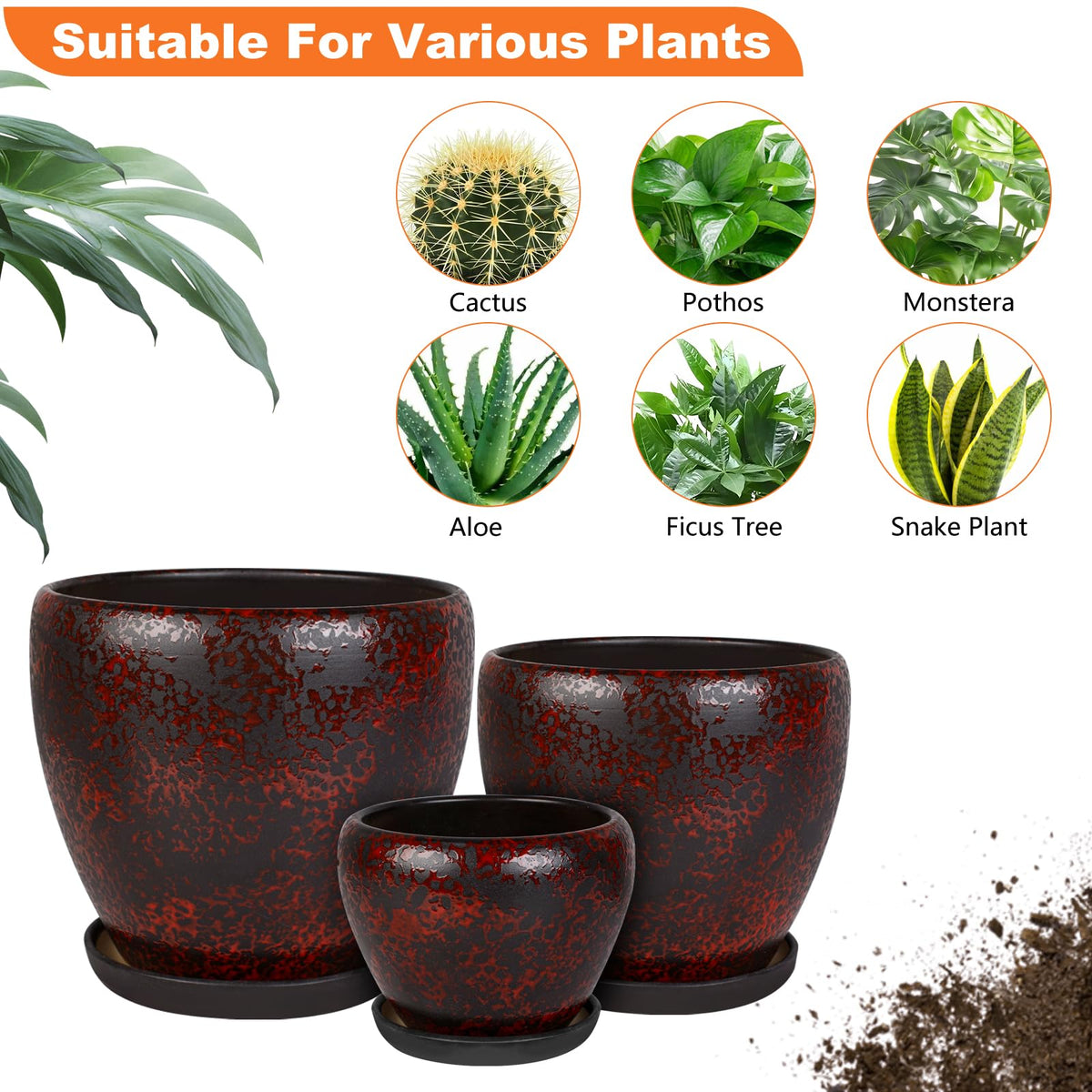 Ceramic Plant Pots With Saucer & Drainage, 6 inch Indoor Flower Pots