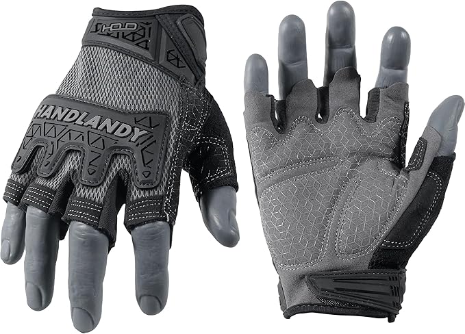 HANDLANDY Fingerless Work Gloves for Men, Padded Half Finger Tactical Mechanics Gloves, Utility Trucker Driver Gloves (Grey, Large (Pack of 1))
