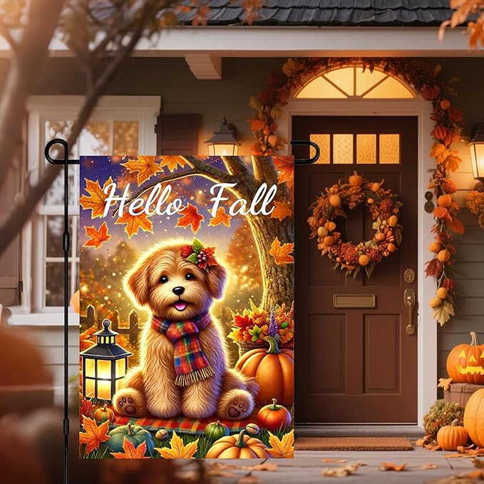Hello Fall Garden Flag Thanksgiving Flag Cute Puppy Scarf Pumpkins Autumn Leaves Lantern Outdoor Yard Decor 12x18 Inch Double Sided Banner For Front Porch Lawn Patio Seasonal Home Decoration