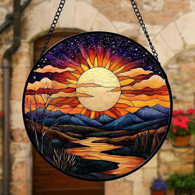 DASTOLL Stained Glass Window Hanging, The Sun Shines Brightly on Lake Sun Catchers Colorful Glass Panel Suncatcher Decor for Birthday for Women, Men, Wife, Lovers, and Mom 9.8 in