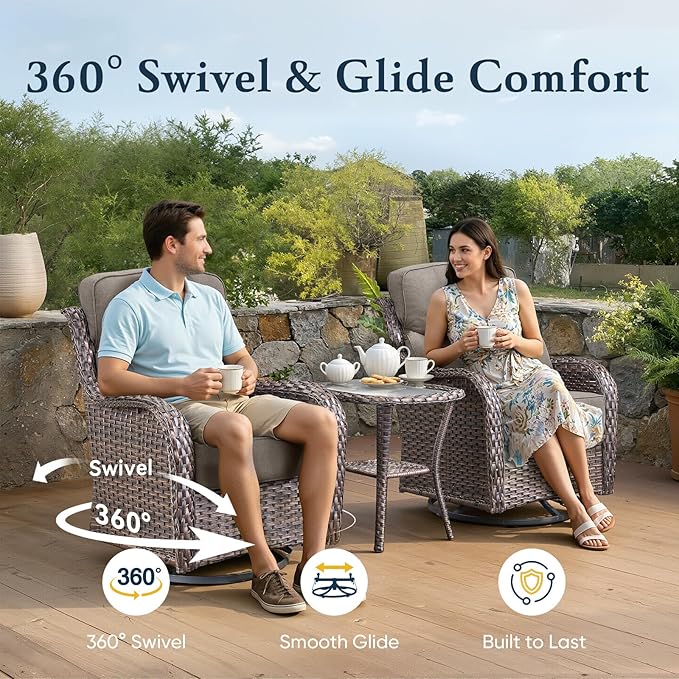 Belord Luxury 6" Thick Cushioned Outdoor Swivel Rocker Patio Chairs Set of 4 with Side Table, High Back Wicker Furniture Set with Ergonomic Zone Back, Conversation Set for Deck Porch - Brown+Beige