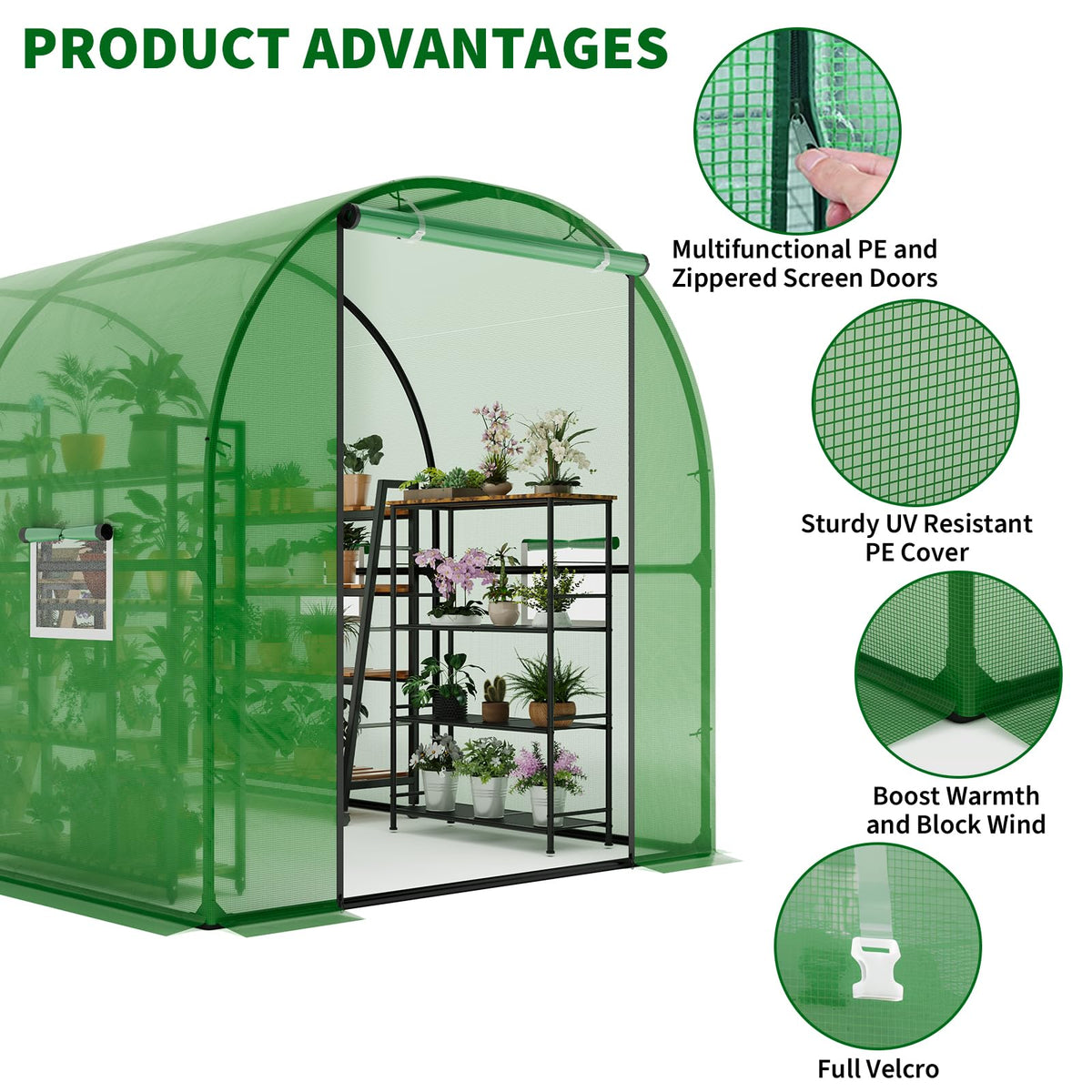 Patikuin Large Walk-in Tunnel Greenhouse, Heavy Duty Galvanized Steel Frame, Mesh Door & Windows, Roll-Up Zipper Door, UV-Protected PE Cover for Garden Plants, Green