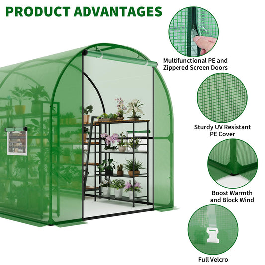 Patikuin Large Walk-in Tunnel Greenhouse, Heavy Duty Galvanized Steel Frame, Mesh Door & Windows, Roll-Up Zipper Door, UV-Protected PE Cover for Garden Plants, Green