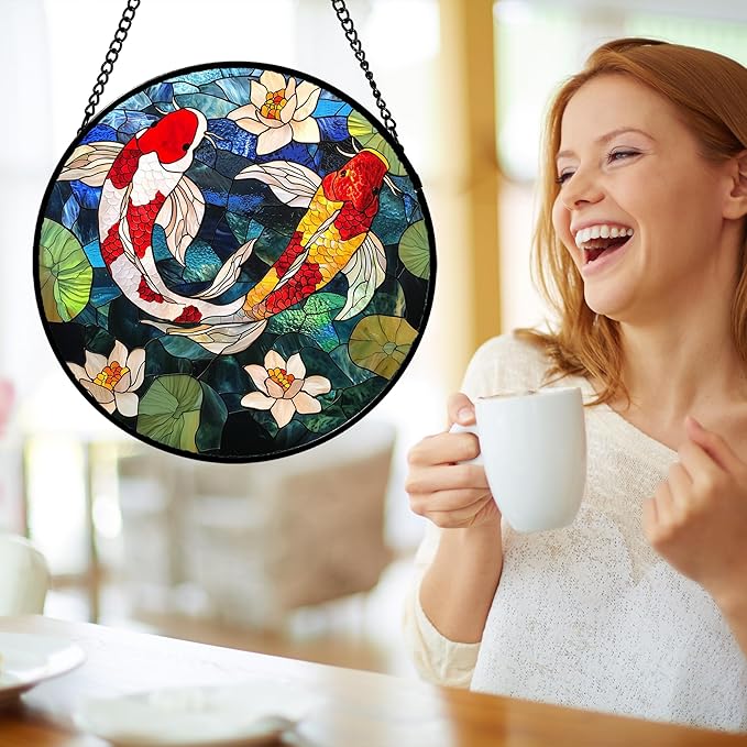 AMDERVEN Stained Glass Window Hanging, Koi and Lotus Sun Catcher for Door Home Decor Fish Suncatcher Christmas Mother's Day Birthday Gifts for Women Men Mom and Nana 15 in