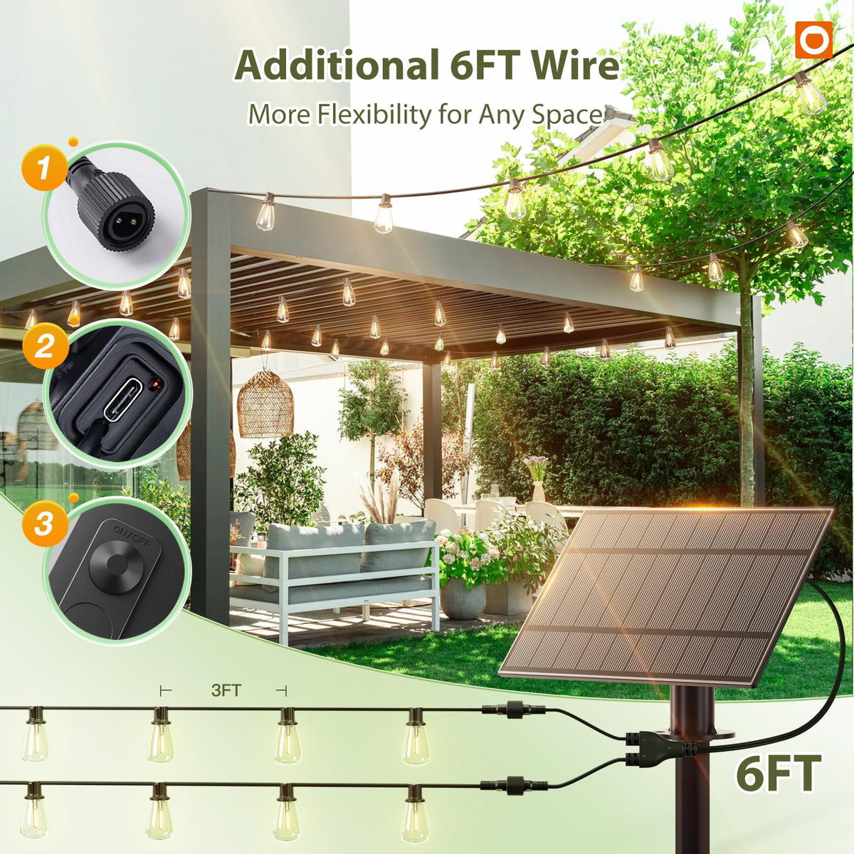 addlon 102FT(96+6) Solar String Lights Outdoor,Waterproof Dimmable 30+2 LED
