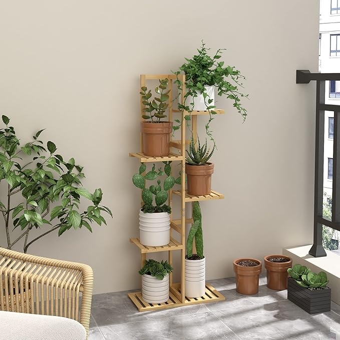Laiensia Bamboo 5 Tier 6 Potted Plant Stand Rack Multiple Flower Pot Holder Shelf, Indoor&Outdoor Planter Display Shelves for Patio Garden, Living Room, Corner Balcony and Bedroom,Wood Color