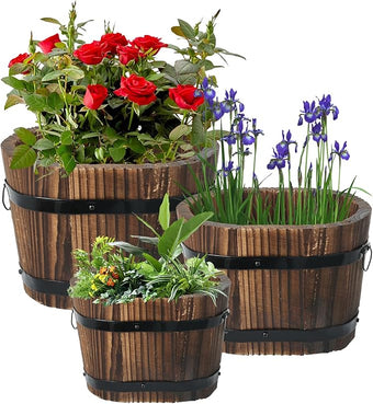 3 Pcs Wooden Whiskey Barrel Planters, Wooden Flower Planters Pots Boxes with Metal Handles 3 Sizes Planting Wood Buckets Tree Pot for Indoor Outdoor Garden Home Plants