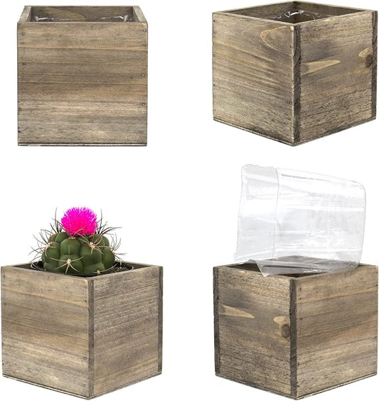 CYS EXCEL Cube Planter Box with Removable Plastic Liner (4"x4"x4")(4 PCS) | Multiple Size Choices Wood Square Planter | Indoor Decorative Window Box