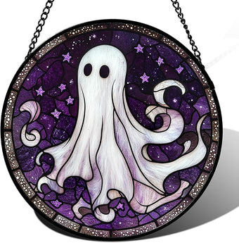 DASTOLL Stained Glass Window Hanging - Halloween Decorations White Ghost Purple Stars Suncatcher for Doors Garden Spooky Funny Sun Catchers Gothic Decor Horror Gifts for Women Men Friend 15 in