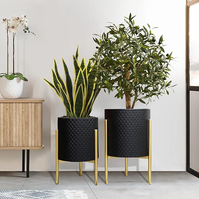 LuxenHome 2-Piece Diamond Pattern Round Metal Cachepot Planter Set, Black Planter with Gold Stands Set of 2 Indoor Plant Pots Large Floor Plant Pot for Plants, NOT Waterproof