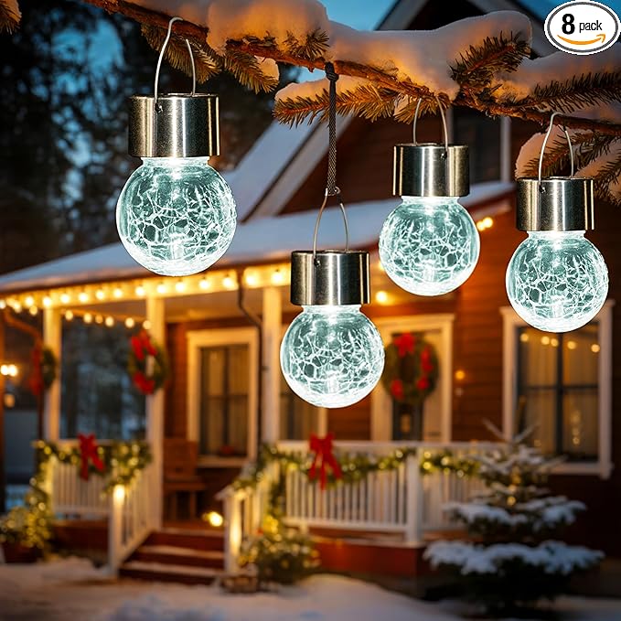 GIGALUMI 8 Pack Solar Hanging Lights, Multi-Color Changing Cracked Glass Hanging Ball Outdoor Lights with Waterproof Solar Lanterns for Garden, Yard, Patio, Lawn