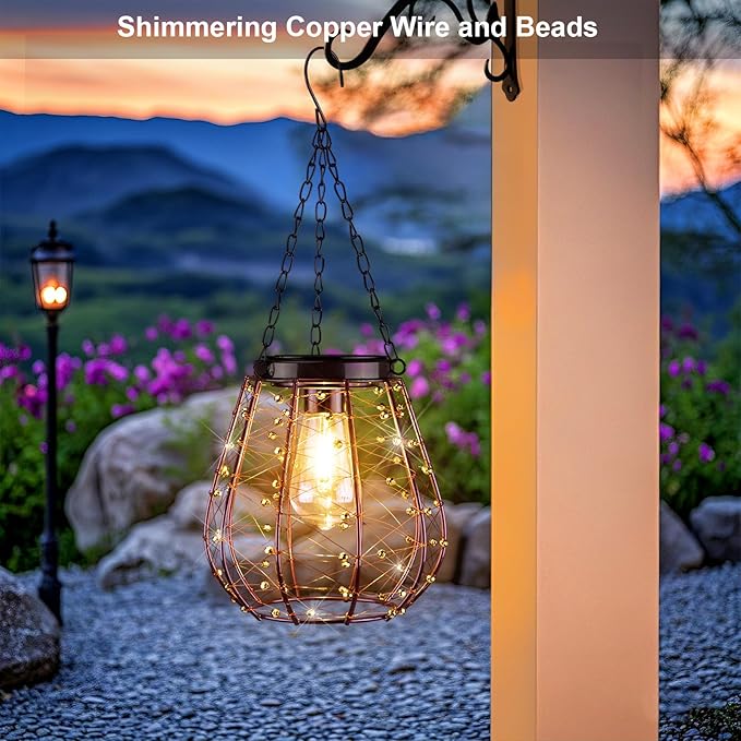 Hanging Solar Lantern Lights, Solar Chandelier Outdoor Waterproof Vintage Copper Outdoor Hanging Lights for Outside Gazebo, Pergola, Porch, Yard, Garden, Pathway, Decor, 2 Pack- ALL FORTUNE