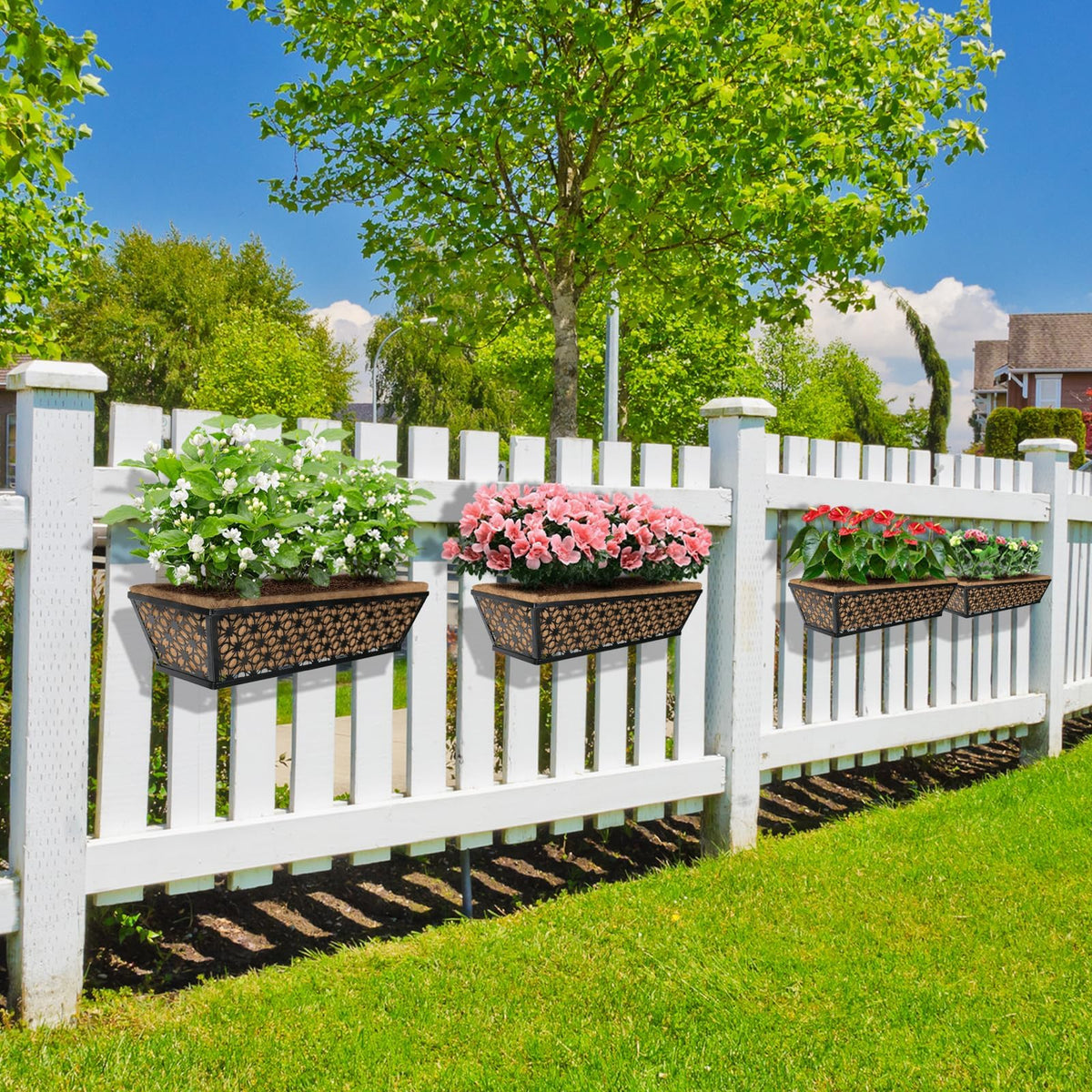 hehimhis 24 Inch 2 Pack Railing Planter Box with Adjustable Bracket,Window Planter Boxes Outdoor for Porch,Balcony Planters Railing Hanging,Fence,Patio Hanging Planters for Garden