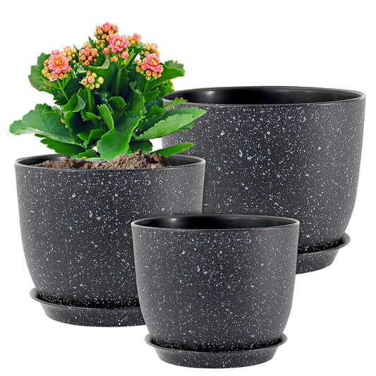 WSMKSZ 9/8/7.5 inch Plant Pots, Set of 3 Modern Decorative Plastic Planters with Drainage Holes and Saucer for Garden House Plants, Flower Pots for Indoor Outdoor Plants, Speckled Black