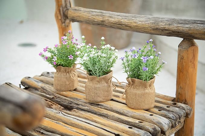 Velener Babys Breath Artificial Flowers in Small Burlap Bag Vases 3Pcs -Gypsophila Faux Flowers Farmhouse Home Coffee Table Bookshelf Office Desk Decorations Kitchen Dining Room Fake Plants Indoor