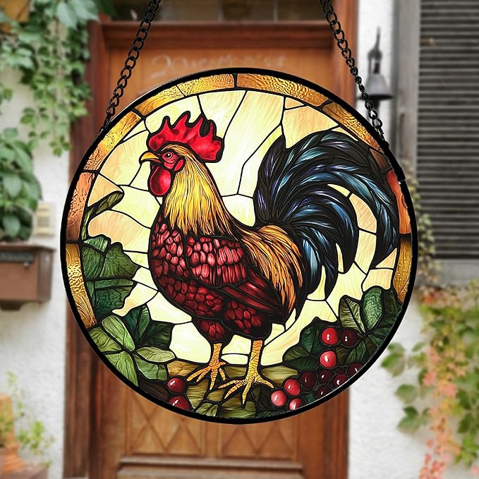 AMDERVEN Stained Glass Window Hanging, Colorful Big Cock Sun Catcher for Window Door Home Decor, Chicken Suncatcher Christmas Mother's Day Birthday Gifts for Women Men Mom and Nana 7.8 in