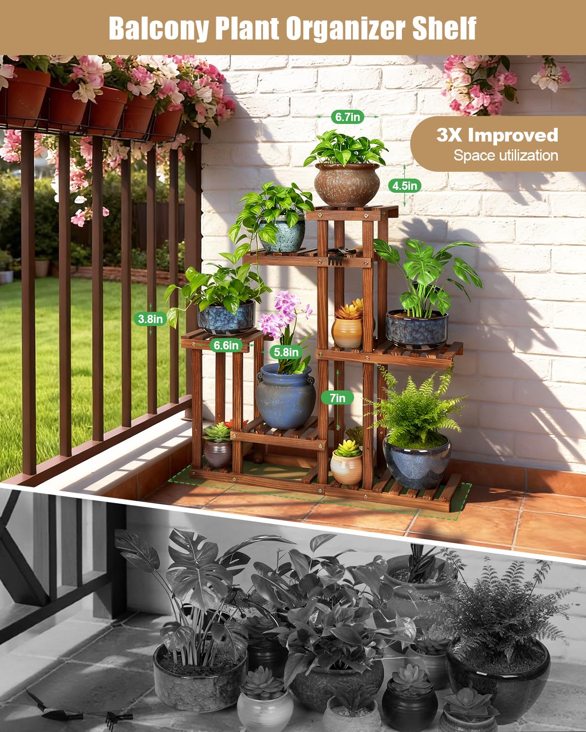 OcBuct 6-Tier Wood Plant Stand Indoor Outdoor Multi Tier Plant Shelf Narrow