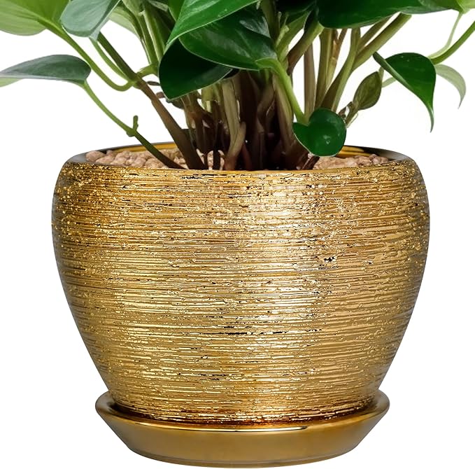 Indoor Plant Pot 6 Inch - Ceramic Pot for Plants Outdoor Planter with Drainage Hole and Saucer Round Decorative Planter Modern Flower Pot for Home Decor Gold