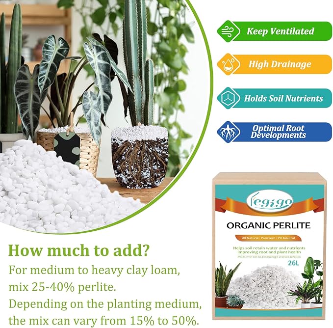 Legigo 26 Quarts Organic Horticultural Perlite for Plants Indoor- Natural Horticultural Soil Additive Conditioner Mix for Improves Drainage, Ventilation and Root Growth