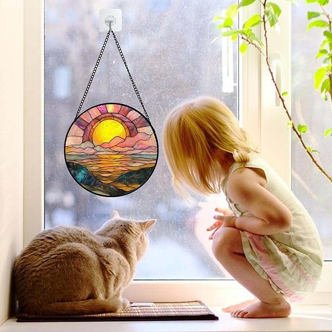 DASTOLL Stained Glass Window Hanging, Sunrise Over The Sea Suncatcher Diamond Glass Panel Hangings Abstract Sun Catchers Decor for Birthday for Women, Men, Wife, Aunt, and Mom 6.3 in