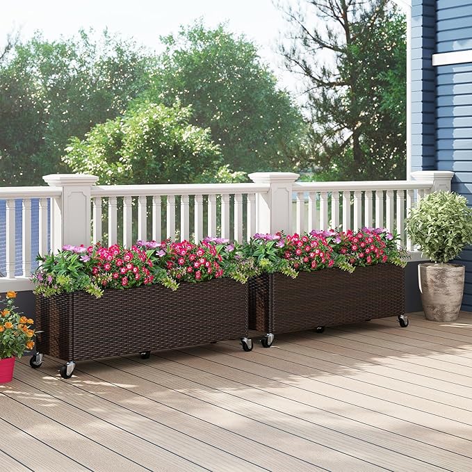 HAPPYGRILL Raised Garden Bed, All-Weather PE Rattan Elevated Planter Box w/Lockable Wheels, Liner for Growing Vegetables Flowers Herbs, Indoor Outdoor Wicker Rolling Gardening Box for Yard Patio (2)