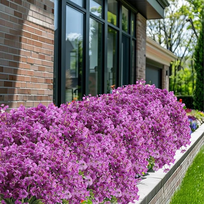 20 Bundles Artificial Flowers for Outdoors, UV Resistant Fake Realistic Flowers with Plastic Plants Spring Decor, Faux Silk Flowers for Outside Window Box Front Porch Planter Decor-Purple