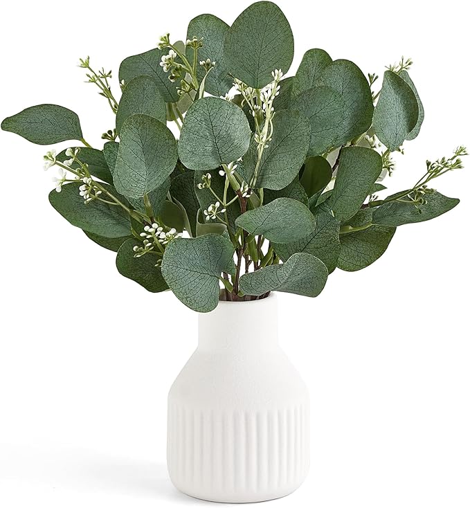 Dahey Artificial Eucalyptus Stems in Small Ceramic Vase Centerpiece Table Decorations Modern Farmhouse Decor Fake Eucalyptus Plants with Vase for Bathroom Kitchen Shelf Living Room Home Decor, White