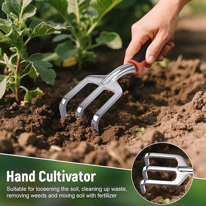 Garden Tool Set, 3 Pack Aluminum Heavy Gardening Kit Including Hand Shovel, Transplant Shovel and Hand Rake for Planting, Digging, Weeding