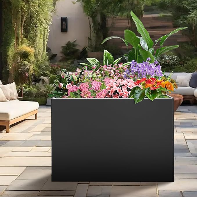Metal Rectangular Planter Box, Large Planter Boxes Outdoor, 37''L x 13''W x 26''H Heavy Duty Plant Box with Removable Insert Shelf, 3 Tier Adjustable Height Tall Garden Planter for Plants, Flowers