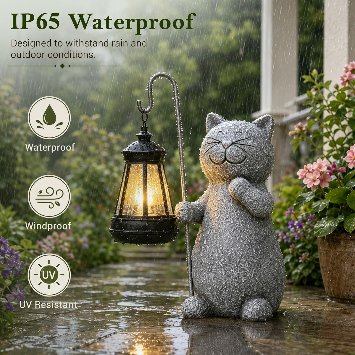Qeeman Solar Cat Garden Statue with Lantern: Outdoor Decor