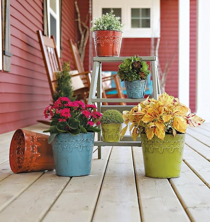 Robert Allen MPT01893 Fluer De Lis Series Metal Bowl Planter Flower Pot, 8", Color Surf Blue
