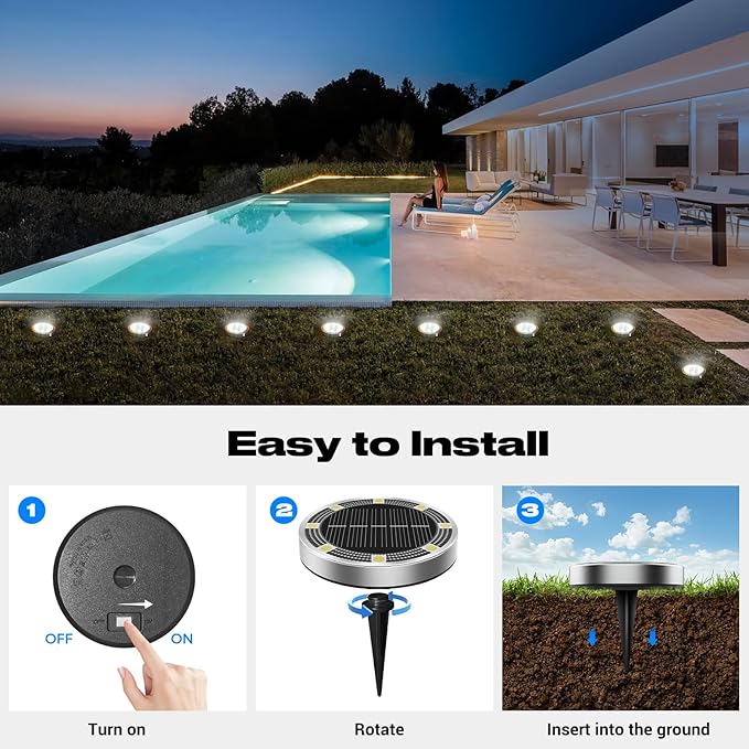 Peasur Solar Ground Lights Outdoor, 8 Pack Flat Solar Powered Disc Lights, IP68 Waterproof, Anti-Rust, Landscape Lighting for Pathway Garden Yard Lawn Walkway Landscape Driveway, Mini, Cool White