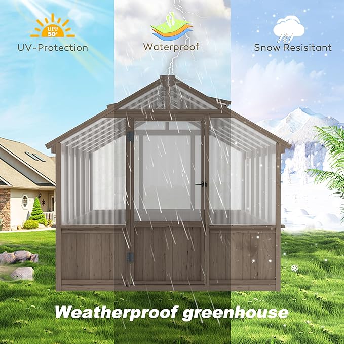 MUPATER 8' x 12' Outdoors Walk-in Greenhouse, Wood Greenhouse with Ventilated Window and Lockable Door, 6mm Polycarbonate Panels for UV Protection and Heat Insulation,Suitable for Patio, Backyard