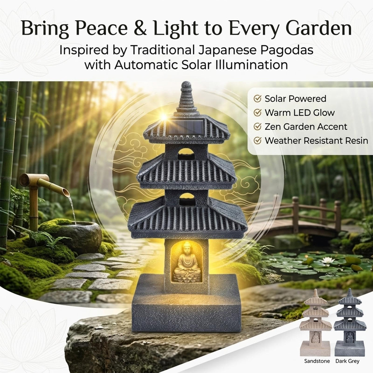 Asian Solar Zen Pagoda Garden Statue, Lawn Ornaments Indoor Outdoor Decor