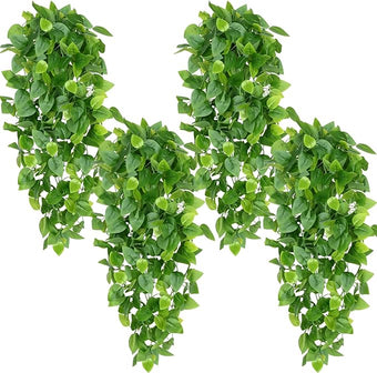 Waipfaru Fake Hanging Plants, 4pcs Artificial Hanging Plant, Faux Ivy Pothos Vines Greenery for Wall Home Bedroom Living Room Aesthetic Kitchen Office Aesthetic Kitchen Indoor Outdoor Decor