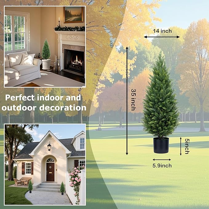 3ft Artificial Topiary Trees Artificial Cedar Trees UV Resistant Bushes Potted Set of 2 Faux Shrubs for Outdoor Indoor Front Porch Garden