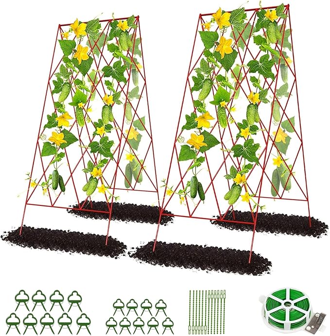 DoCred Red A-Frame Metal Garden Trellis, 2 Pack, PVC-Coated Steel, Perfect for Cucumbers, Squash, Peas, Flowering Vines