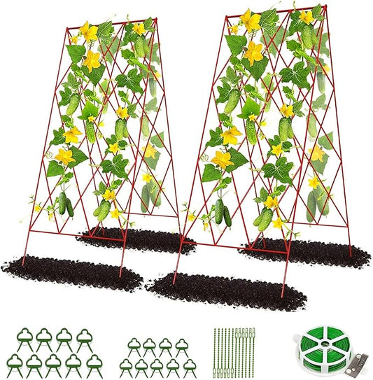 DoCred Red A-Frame Metal Garden Trellis, 2 Pack, PVC-Coated Steel, Perfect for Cucumbers, Squash, Peas, Flowering Vines