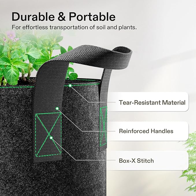 VIVOSUN 5-Pack 25 Gallon Plant Grow Bags, Heavy Duty Thickened Nonwoven Fabric Pots with Handles