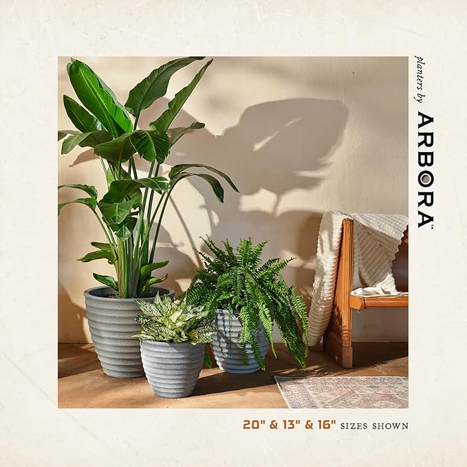ARBORA 16" Ibiza Polyresin Indoor and Outdoor Planter with Stone Blend Concrete Gray Finish - Durable, Weatherproof, Lightweight, Large Plant Pot for Patio, Garden, Deck, Entryway