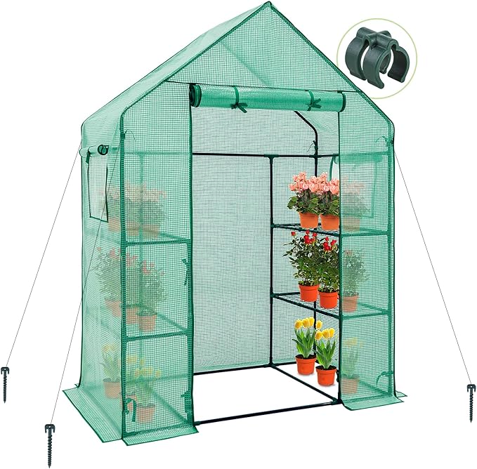 EAGLE PEAK Walk in 3-Tier Greenhouse with Wire Shelves, Portable Indoor and Outdoor Green House with Roll-Up Zippered Door & 2 Roll Up Side Windows, 4 Shelves, 61"x28"x79", Clear/Green PE Cover