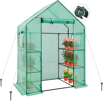 EAGLE PEAK Walk in 3-Tier Greenhouse with Wire Shelves, Portable Indoor and Outdoor Green House with Roll-Up Zippered Door & 2 Roll Up Side Windows, 4 Shelves, 61"x28"x79", Clear/Green PE Cover