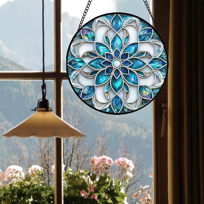 JOSUMALY Stained Glass Window Hanging - Blue White Abstract Flowers Suncatcher for Door Terrace Garden Home Decor Boho Sun Catcher Birthday Gifts for Lovers Women Men Dad Mom Nana 7.8 in