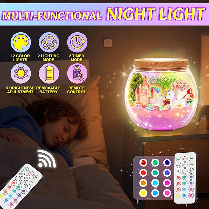 Hannstar Unicorn Terrarium Crafts Kit for Kids-LED Night Light Up & Remote Unicorn Birthday Gifts Toys for Girls Ages5 6 7 8 9 10 Year Old-Christmas Gifts for Girls