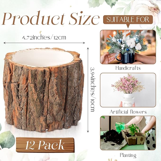 12 Pcs Wooden Vase for Centerpieces Woodland Table Decor Wooden Flower Vase Rustic Bark Stump Buckets Vintage Wood Planter Pots for Garden Party Wedding Window Home Farmhouse (Large)